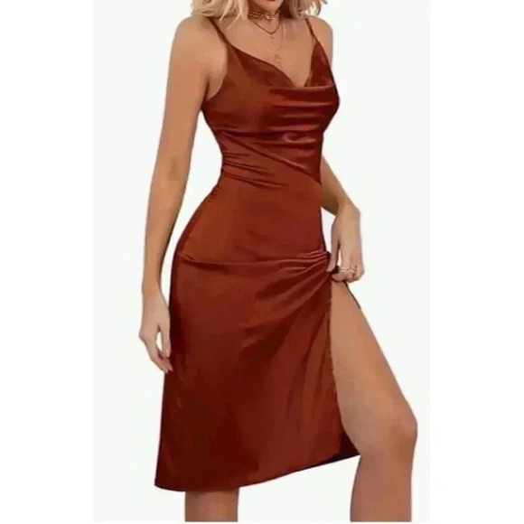 Womens Satin Drape Cowl Neck Sleeveless Strappy Cami Split Slit Party Midi Dress - Picture 3 of 16